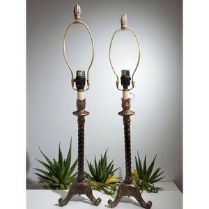vintage neoclassic twist candle holder design tri-pod feet pair of antiqued lamp
